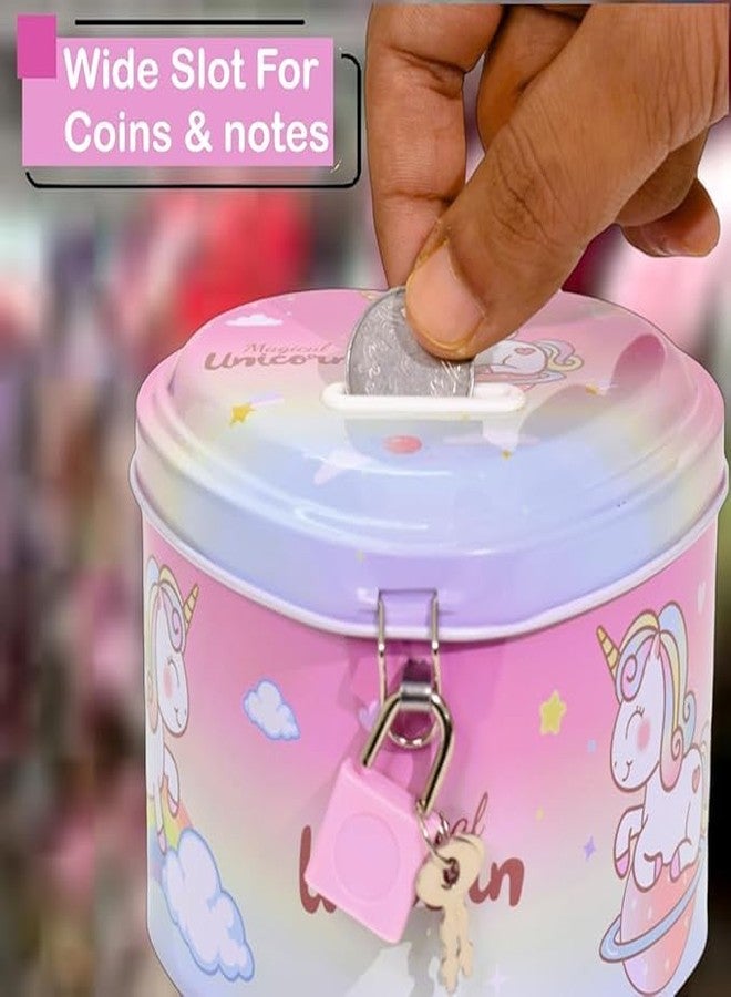 RETRIX Space-Themed Metal Heart Shape Piggy Money Bank Gullak for Kids with Lock and Key, Coin Savings Box for Boys & Girls, Perfect Birthday Return Gift (Unicorn Pink) - Image 4